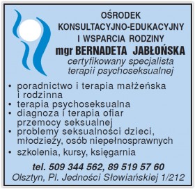 mgr BERNADETA JABŁOŃSKA certyfikiwany specjalista terapii psychoseksualnej Olsztynie
