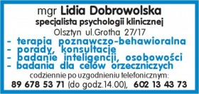mgr LIDIA DOBROWOLSKA psycholog w Olsztynie